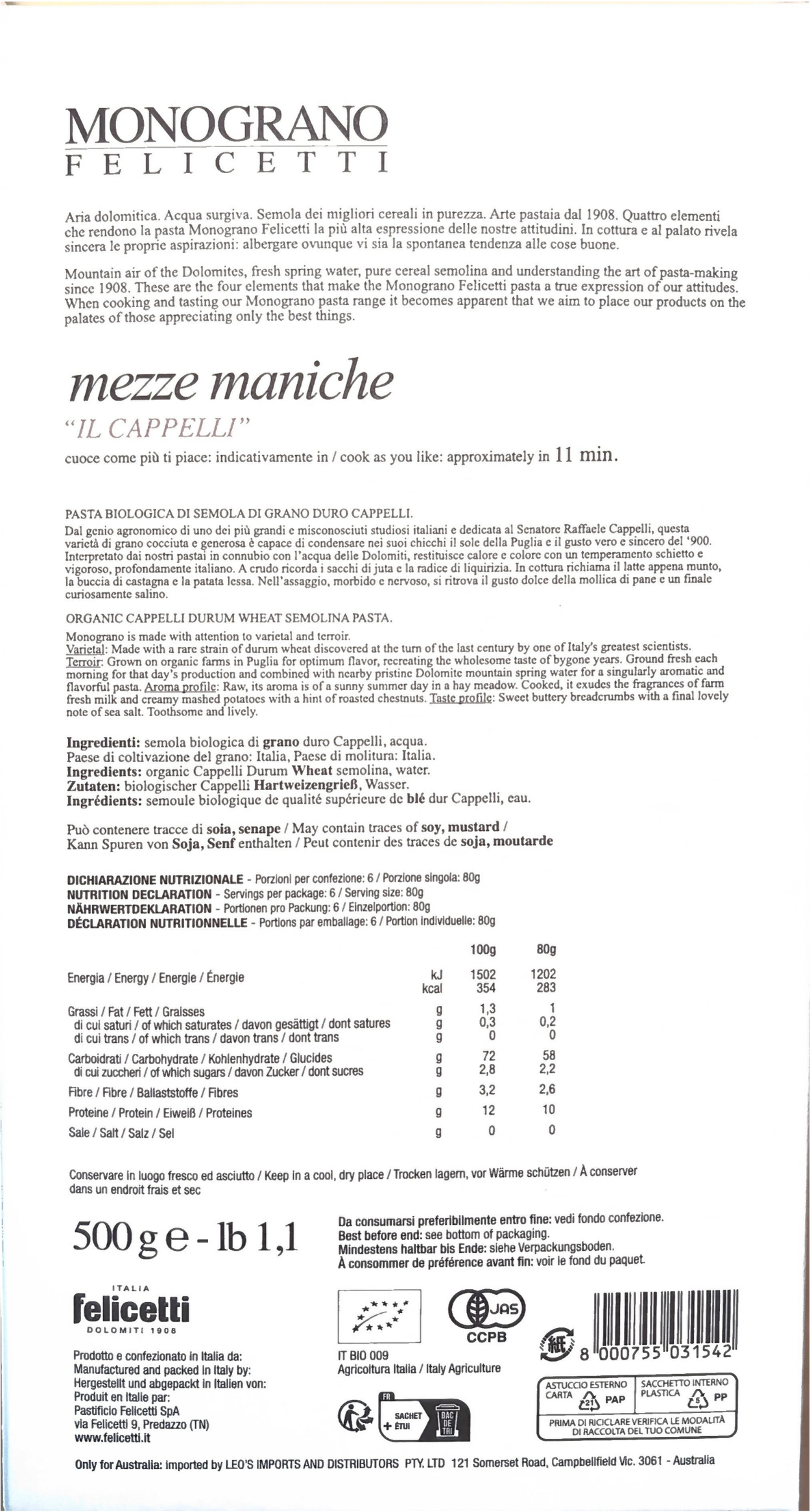 Mezze Maniche "Il Cappelli" - Monograno Felicetti (500g)
