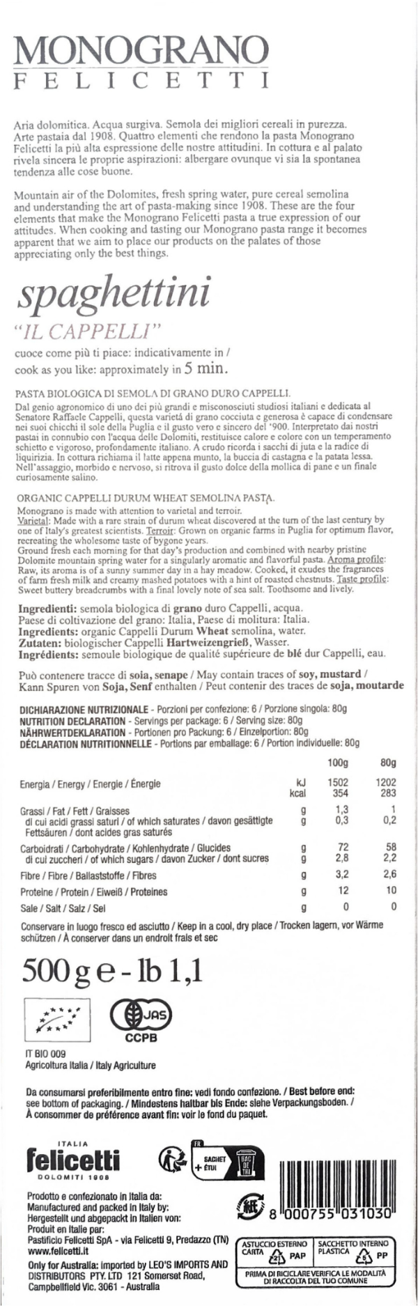 Spaghettini "Il Cappelli" - Monograno Felicetti (500g)